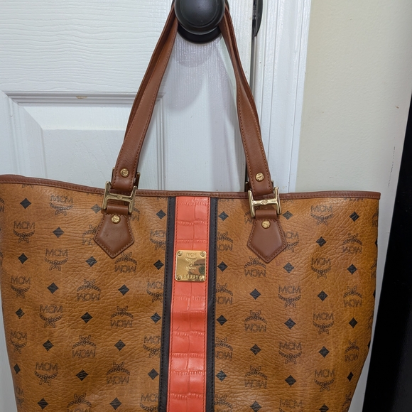 MCM Handbags - MCM Cognac Logo-Print Limited Ed Tote with Coral Stripe